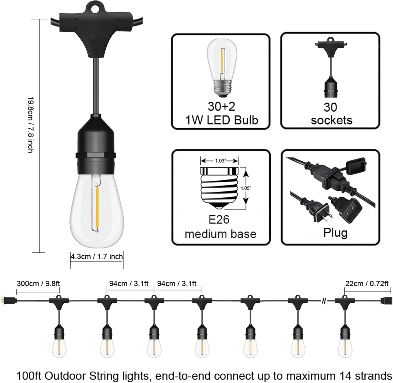 100FT Outdoor String Lights, 3 - String Light Outdoor avis et prix